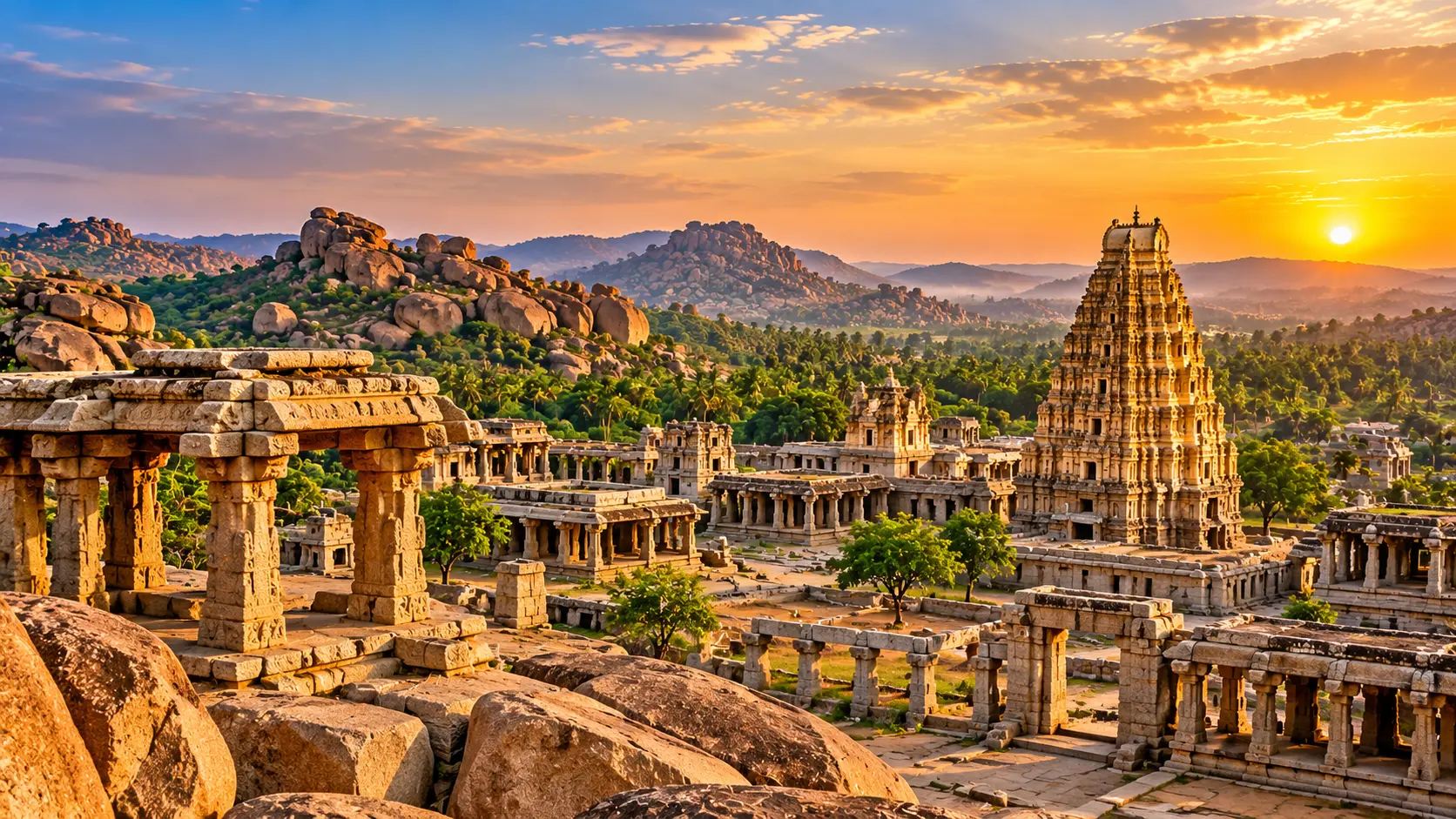 Historic stone temples and ruins in Hampi